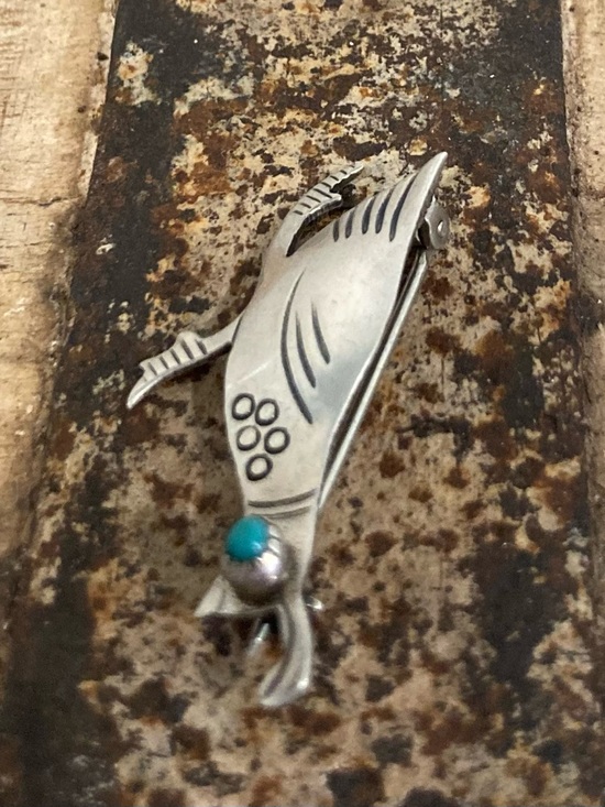 Silver Tone Quail Brooch with Turquoise Colored Detail Southwest Style Pin - Picture 7 of 14
